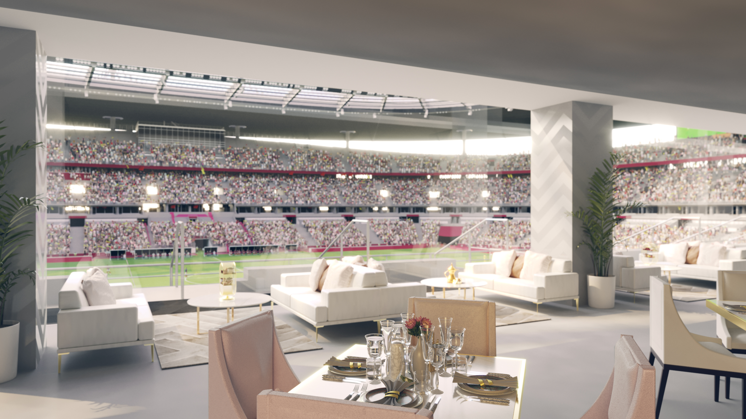 A hospitality lounge overlooking a football pitch