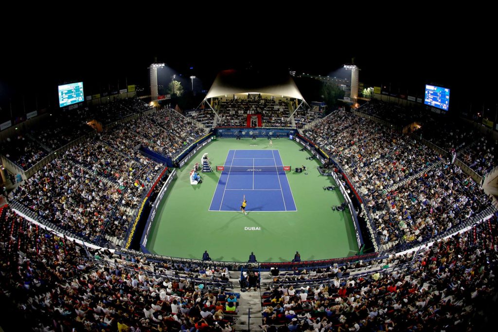 Centre court under the lights at the Dubai Duty Free Tennis Stadium