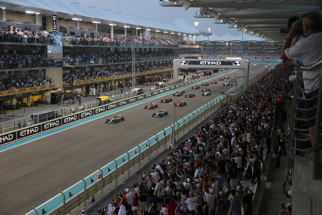 The Main Grandstand packed on the start-finish straight at Yas Marina Circuit