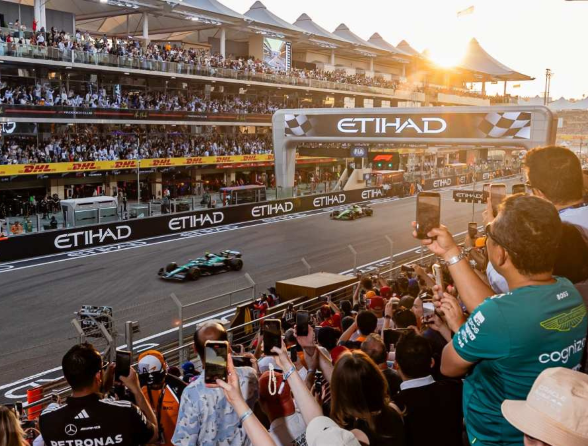 View from the Main Grandstand over the start/finish straight at Yas Marina