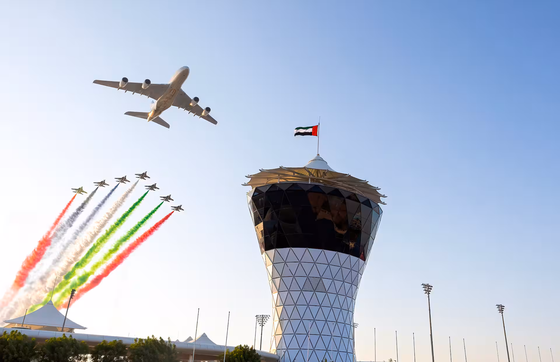 Etihad Airways A380 flypast at the start of the F1 Abu Dhabi Grand Prix